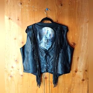 Michigan Vintage Black Leather Hallowing Wolf Lined Fringe Snap Button-Up Vest